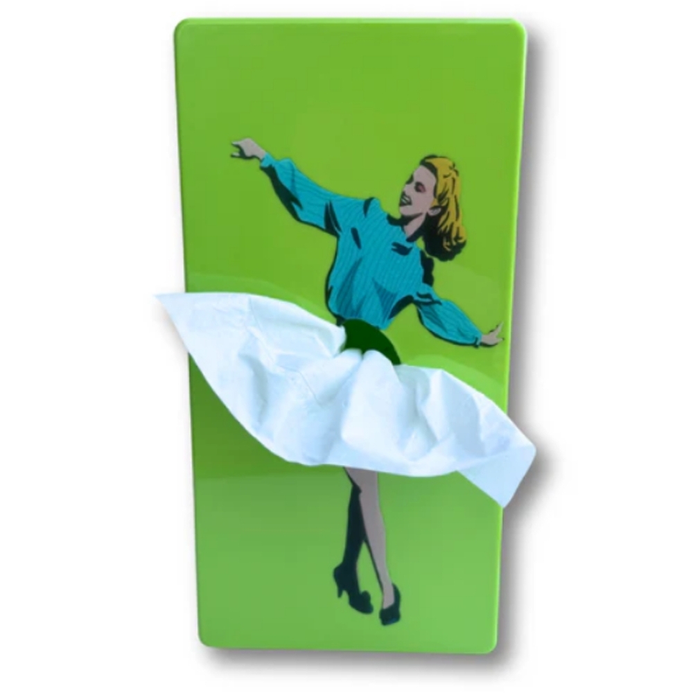 Flying Skirt tissue box cover, lime green w/ graphic of beautiful pinup 10"x5 “